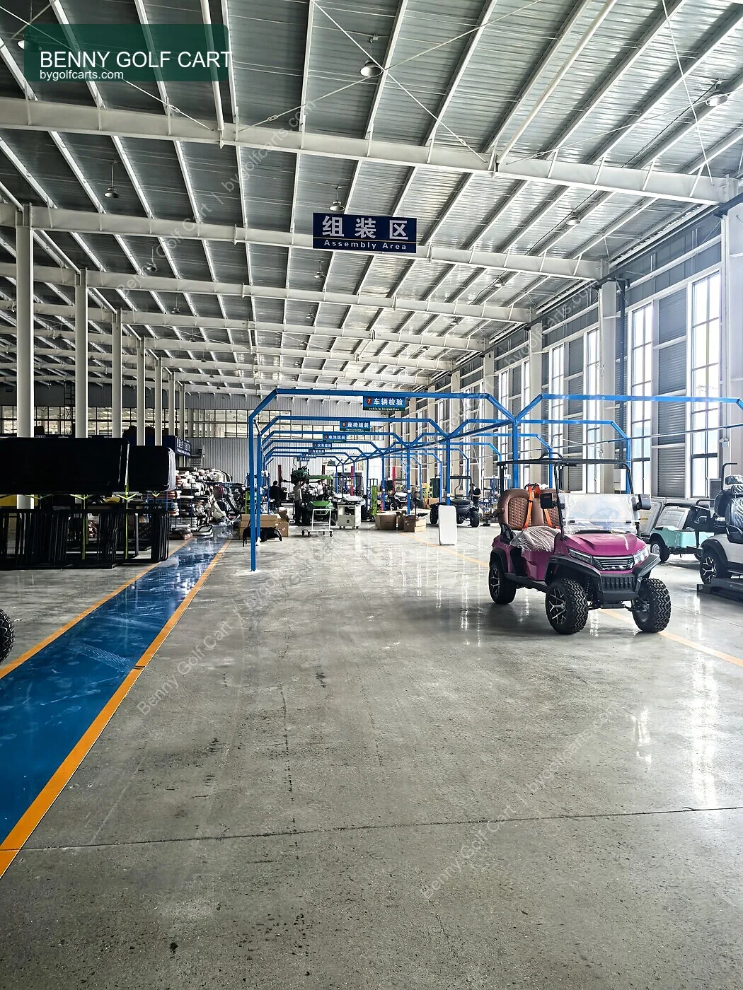 Benny Golf Cart assembly workshop preparing electric golf carts for a Canadian customer