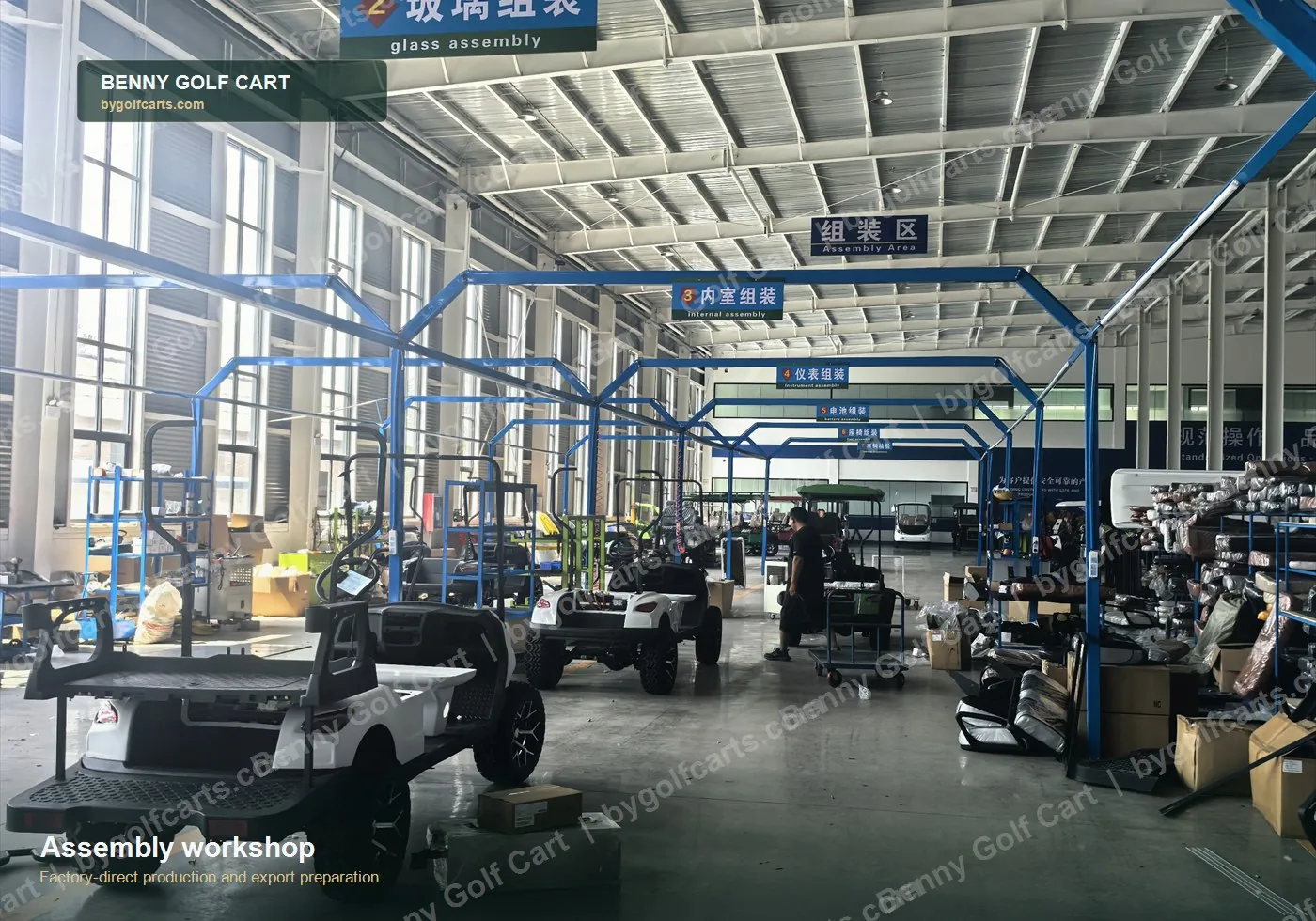 Benny Golf Cart assembly workshop with watermarked factory photo