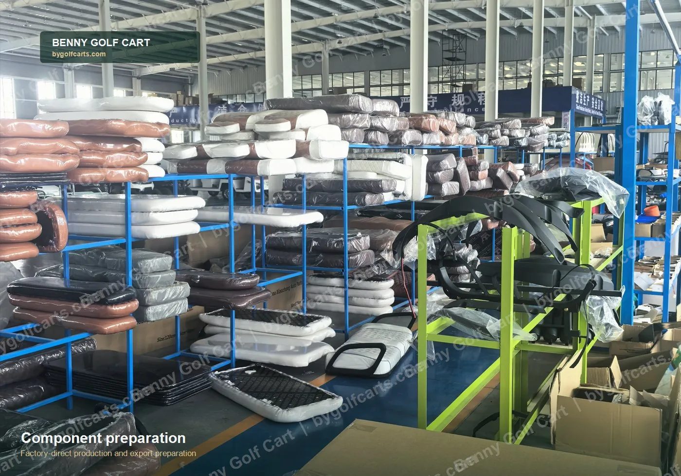 Golf cart component preparation area