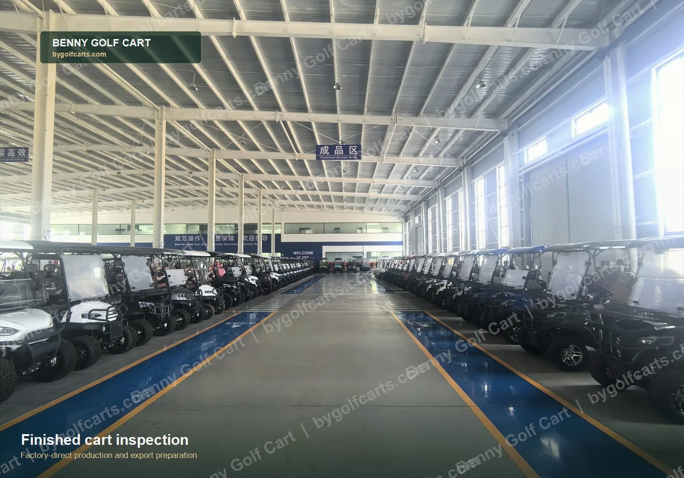 Finished Benny electric golf carts lined up for inspection